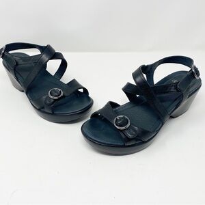 Dansko Sandi Black Leather Strappy Block Heel Sandals